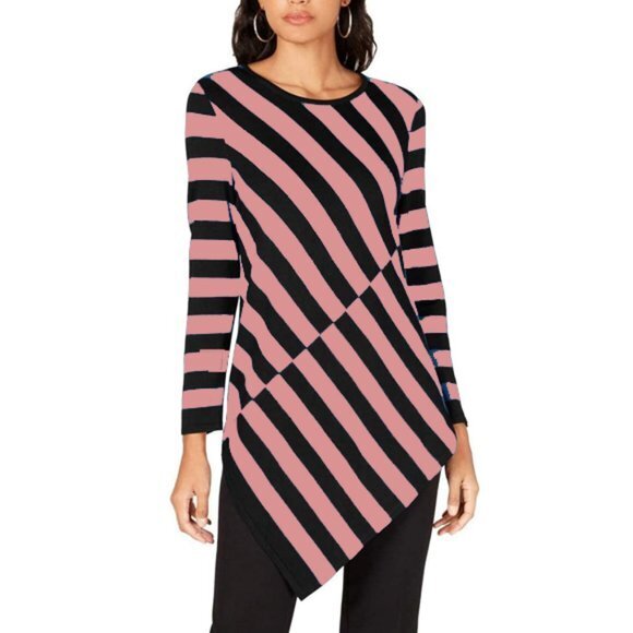 Alfani Tops - Alfani Womens Stripe Asymmetrical-Hem Tunic Sweater Black and Pink Size Medium